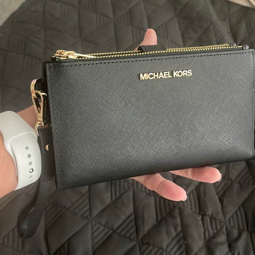Michael Kors MK Jet Set Travel Lg Double Zip Leather Wristlet Black
